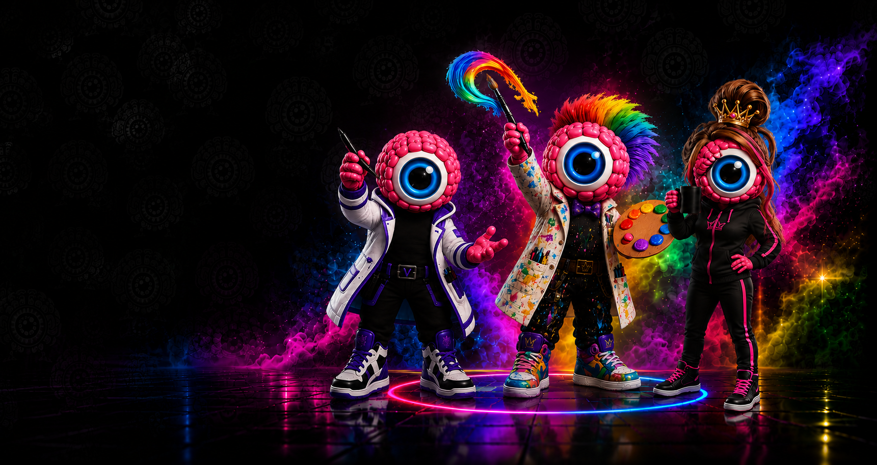 MindVision Guild creator characters in a rainbow-lit collector world