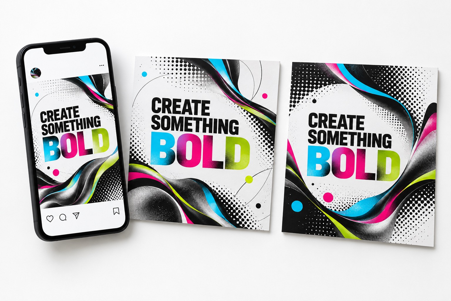 Concept social graphic campaign shown on a phone and square presentation boards