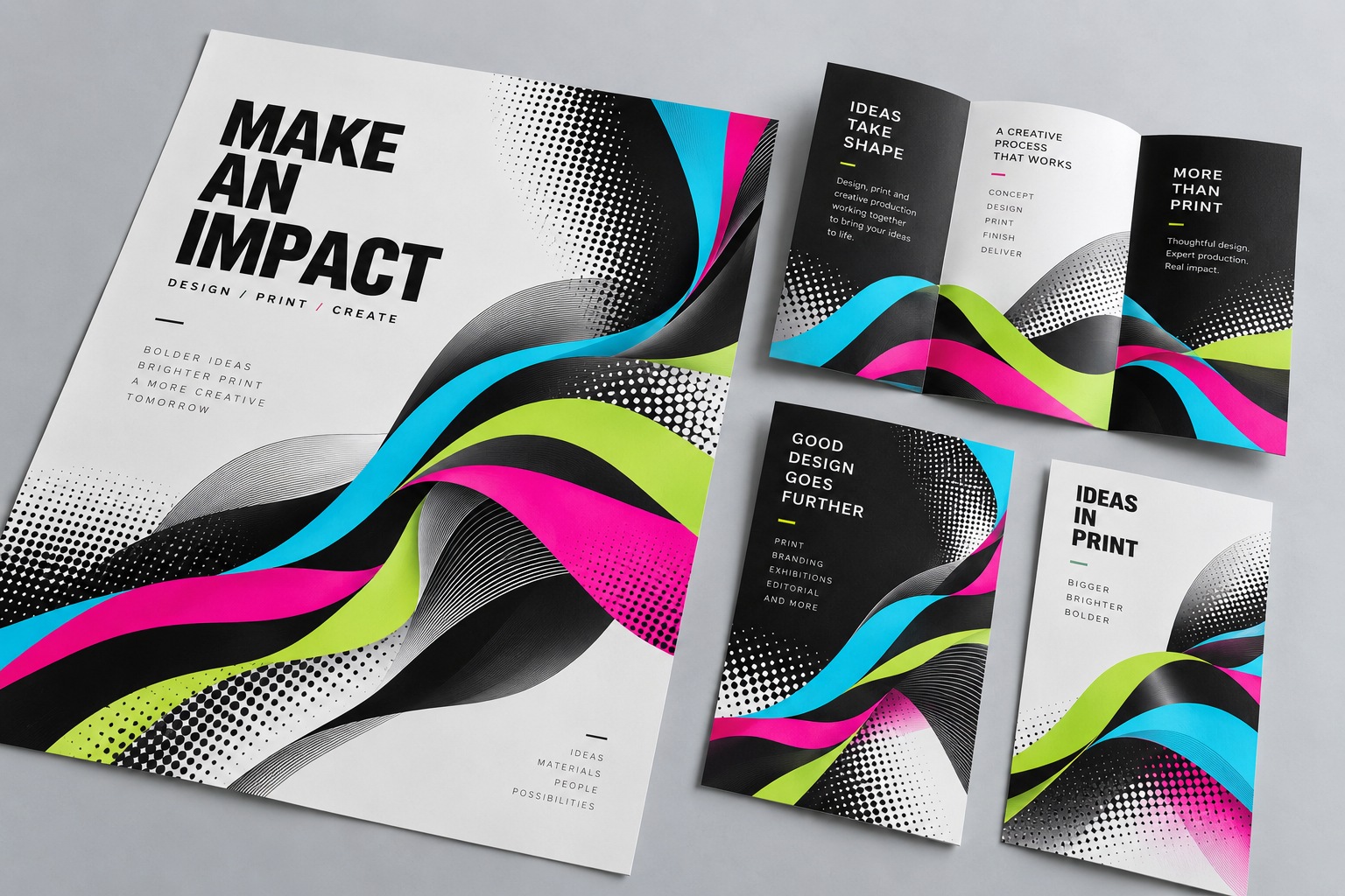 Concept poster, flyers and brochure with coordinated graphic artwork