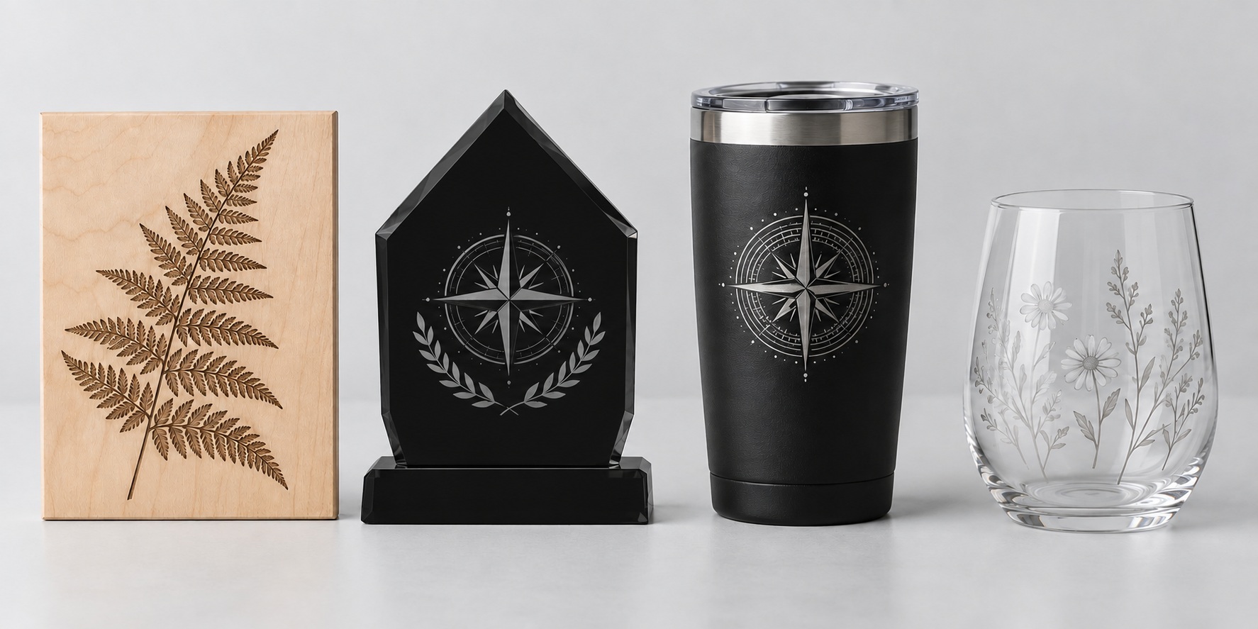 Illustrative engraved wood plaque, opaque black acrylic display, coated metal tumbler, and prepared glass cup