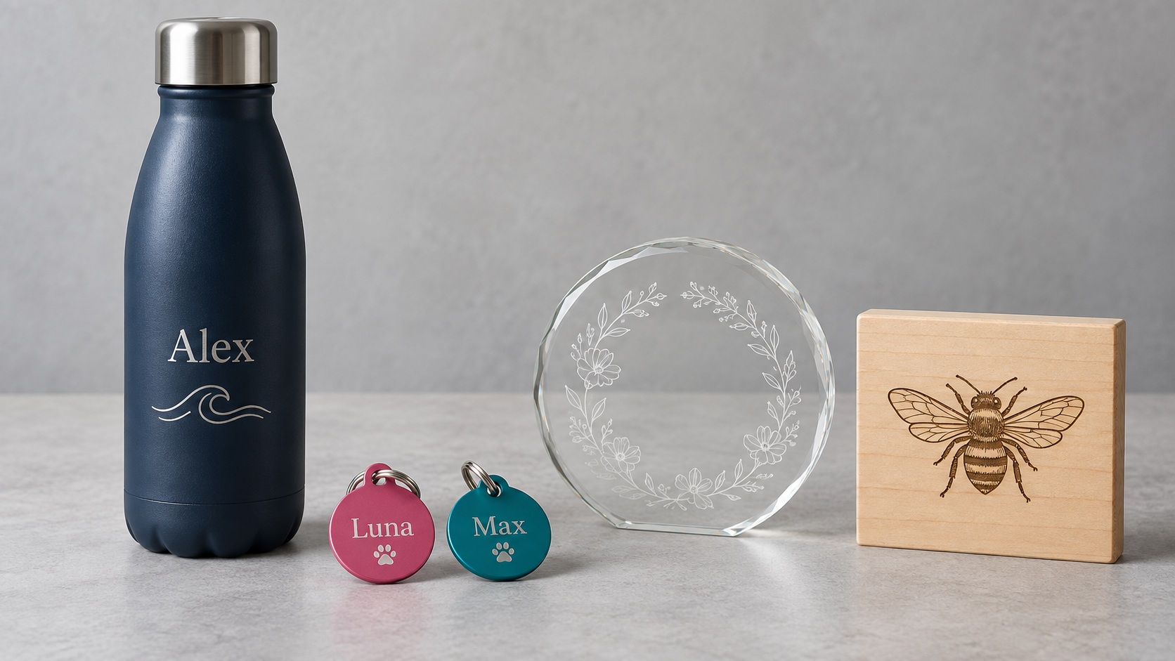 Illustrative personalized bottle, pet tags, glass keepsake, and engraved bee plaque