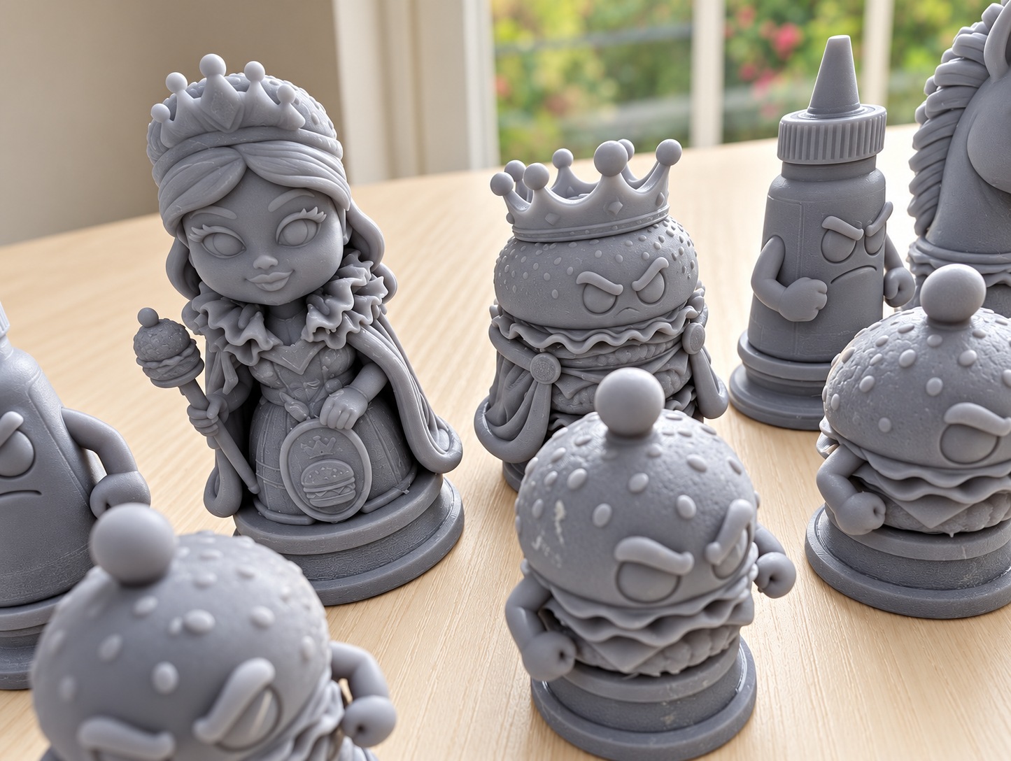 Close-up showing the queen and crowned burger resin pieces