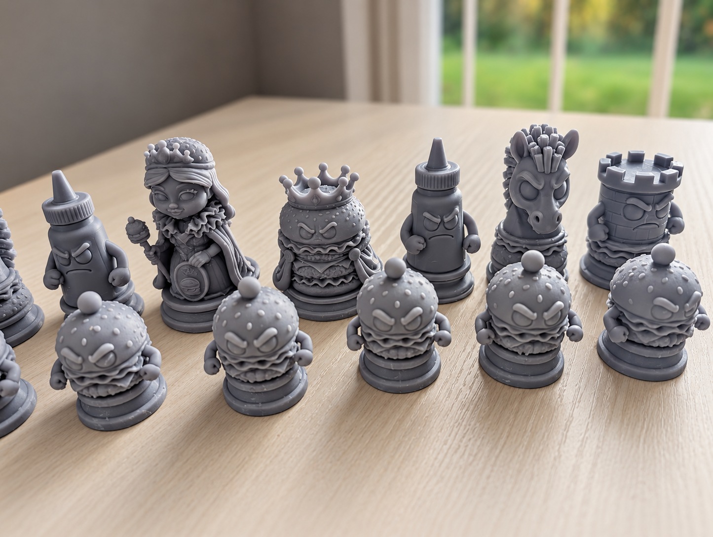 Full collection of grey resin-printed food-themed chess pieces