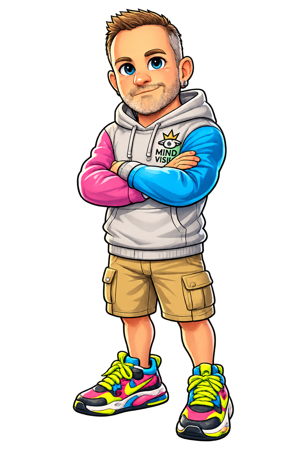 Cartoon portrait of the MindVision Graphics creator wearing a pink-and-blue hoodie and colorful sneakers